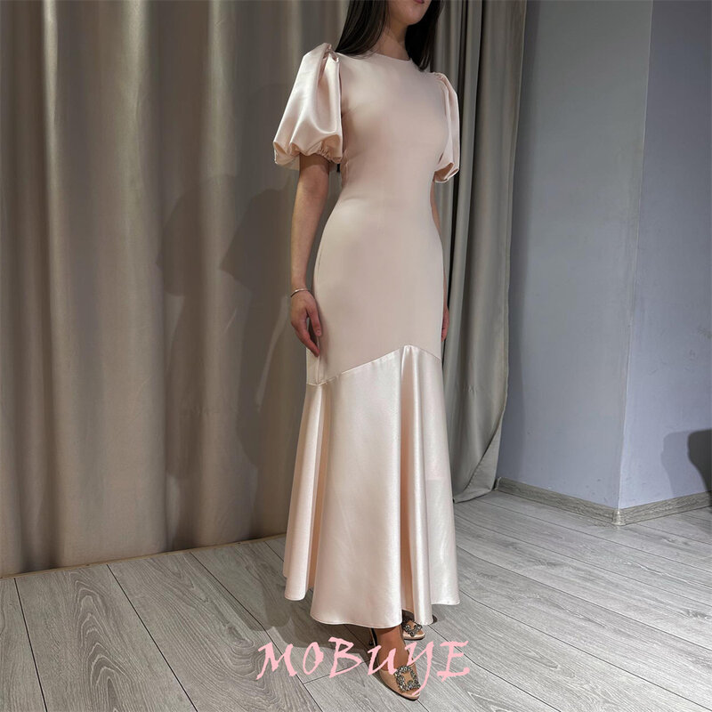 MOBUYE 2024 Popular O Neckline Prom Dress Ankle-Length With Short Sleeves Evening Fashion Elegant Party Dress For Women