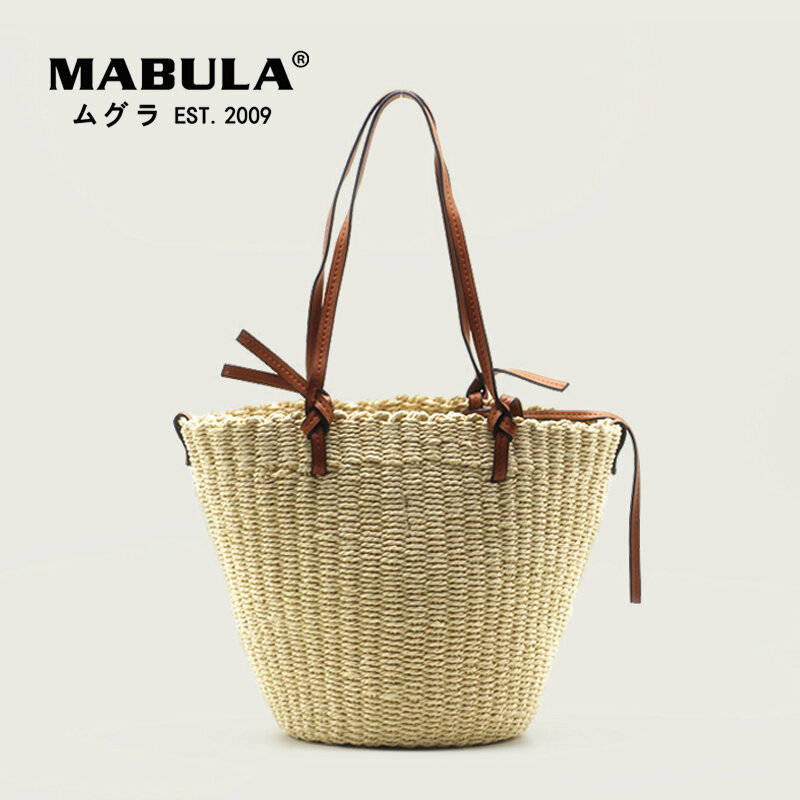 MABULA Ретро соломенная тканая пляжная сумка-ведро с клатчем, большая летняя сумка для покупок, комплект из 2 предметов