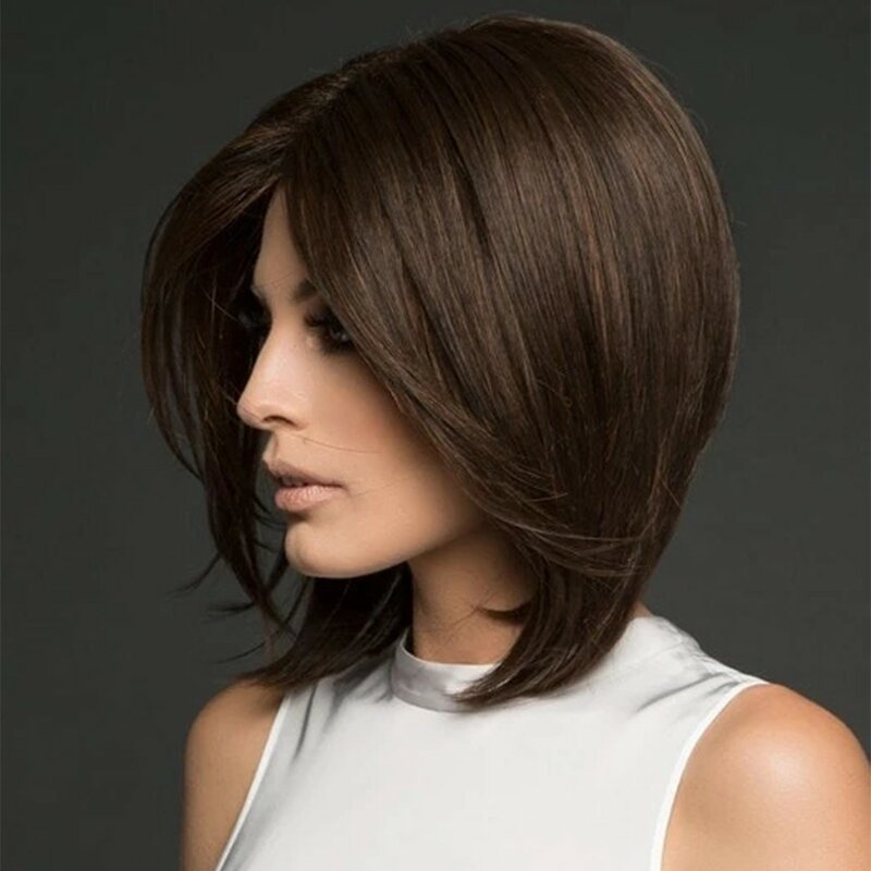 Peruca de cabelo humano bob curto para mulheres, parte central, reto, marrom, frente de renda, modificar rosto, 12 ", moda
