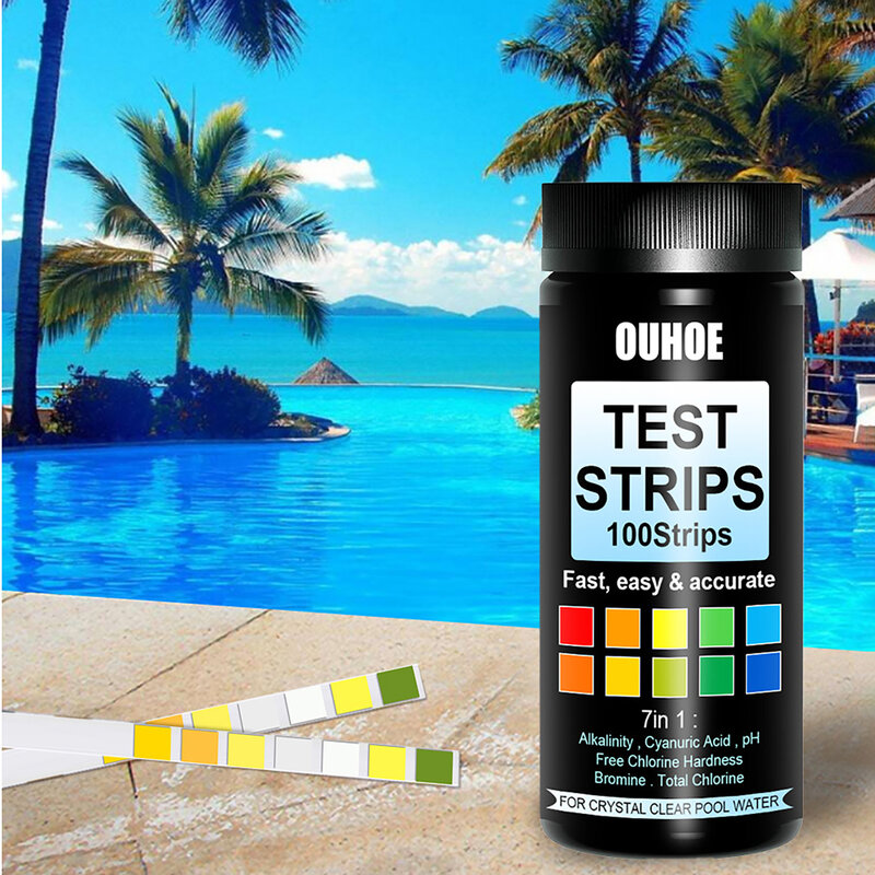 Strip Tes Kolam Spa 7 Dalam 1 Kit Tes Kolam Renang Strip Tes Klorin Kekerasan PH Multifungsi Strip Tes Bak Mandi Air Panas Asam Alkalinitas PH