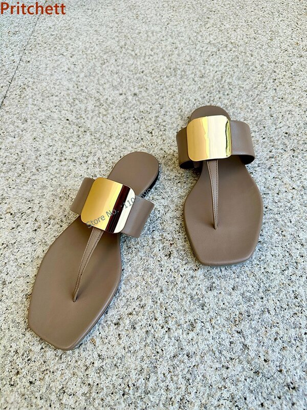 Metal Decoration Solid Slippers Flat with Round Toe Slip On Sewing White Flip Flops Summer Outdoor Comfortable Women's Shoes