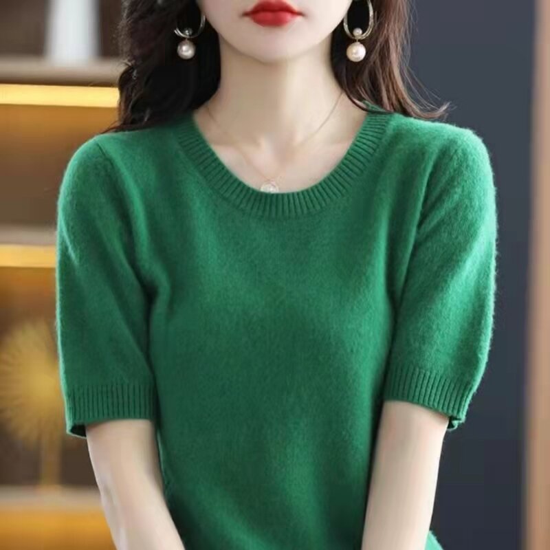 Suéter de manga corta de lana pura para mujer, jersey de cuello redondo para primavera y otoño, camiseta de media manga corta suelta y fina, 100%