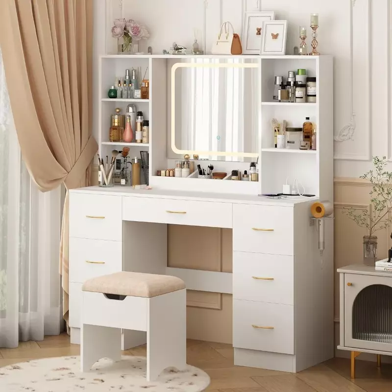 Air Dresser LED White Vanity Set con sgabello e presa di corrente mobili per camera da letto trucco per la casa Vanity Table ragazze (bianco) mobili