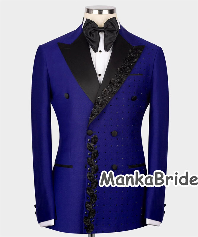 Luxury Black Groom Tuxedo with Crystal Double Breasted Blazer Pants Formal Party Men's Suit Blue Conjunto hombre