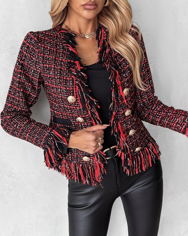 Damen Plaid Blazer Frauen Frühling Herbst Vintage Einreiher Turn Down Kragen Quaste Design geknöpft Tweed Mantel Büro
