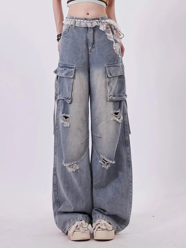 Jeans Y2K rasgado feminino, calça jeans Harajuku, calça vintage, japonesa, estilo anos 2000, roupas grandes da moda, 2024