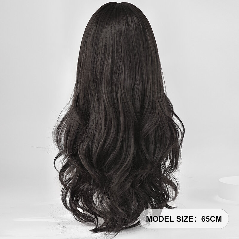 7JHH-Peluca de cabello sintético para mujer, cabellera artificial ondulado de alta densidad, color marrón oscuro, con flequillo limpio, 26 pulgadas, para uso diario