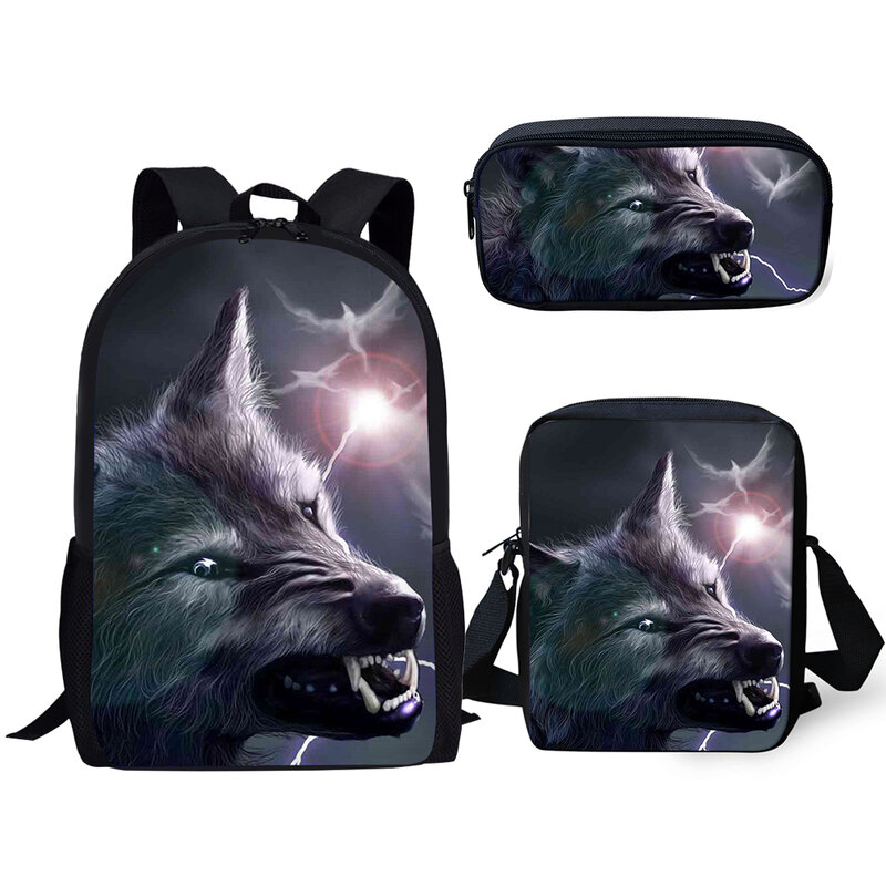 Klasyczna moda Fantasy Moon Wolf 3D Print 3 sztuk/zestaw szkolne torby mała torba na laptopa plecak pochylona torba na ramię piórnik