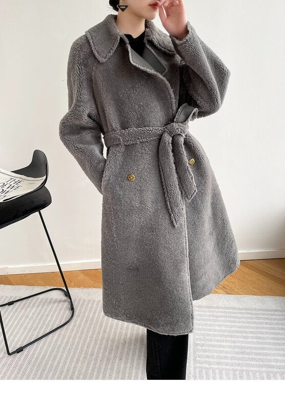 Casaco longo de pele de ovelha Merino natural feminino com cinto, super qualidade, pele real, casaco de inverno luxuoso, casacos elegantes