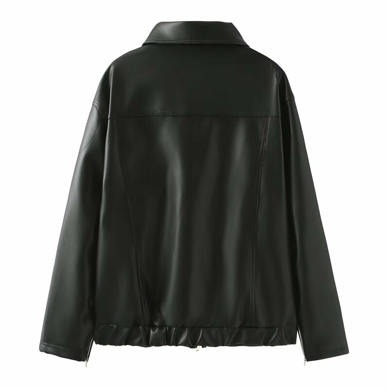 女性のためのレトロな黒の革のジャケット,柔らかいクールな弓,セクシーな置物を示しています