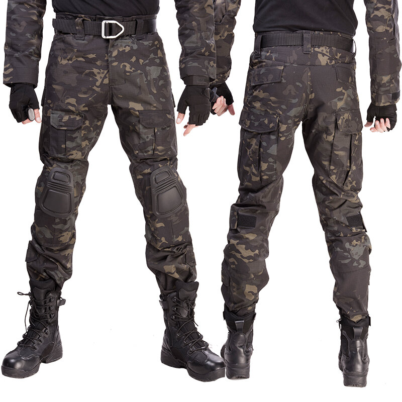 Uniforme de camuflagem tática para homens, roupas resistentes ao desgaste, terno de caça airsoft, camisa de combate, calças cargo, 4 almofadas