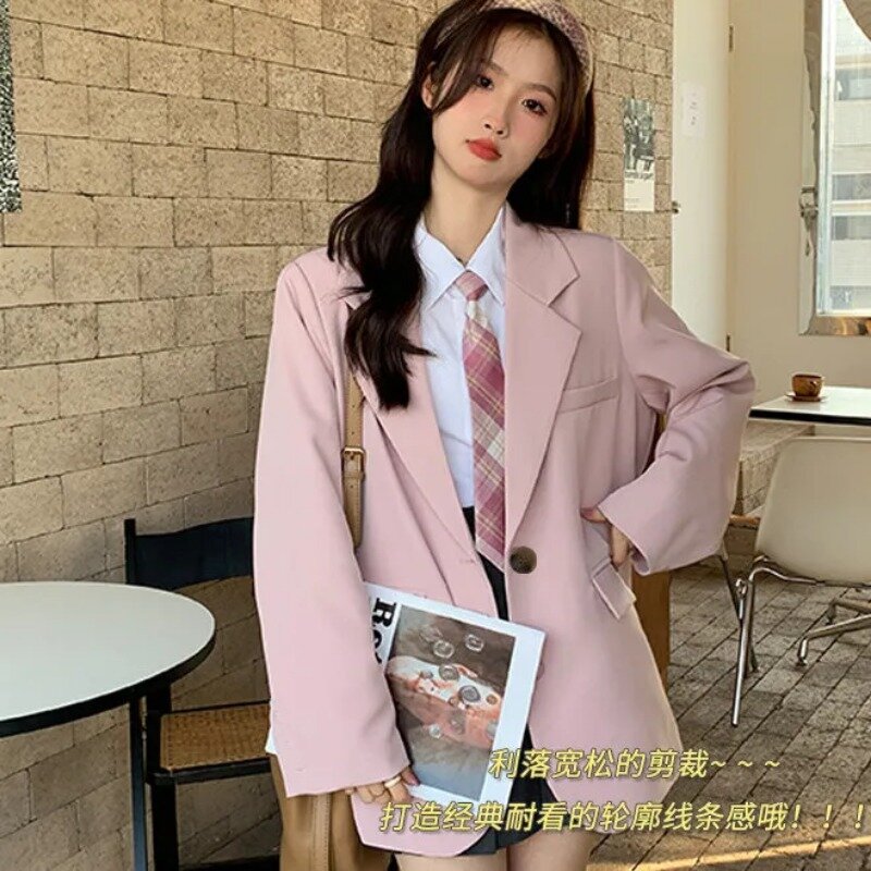 Insozkdg Gentle Pink Women's Suit Blazer Spring Autumn Temperament Korean Style Loose Casual Solid Single-breasted Suit Jacket
