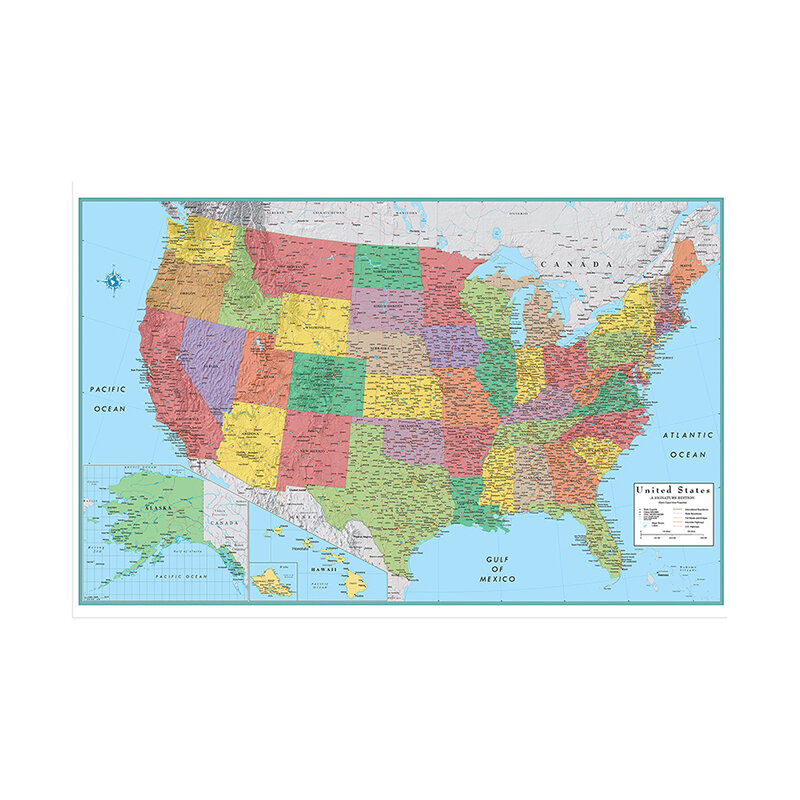 120*80Cm Peta Administrasi Amerika Dilipat Non-anyaman Kain Kamar Stiker Dinding Dekorasi Pendidikan Perlengkapan Kantor Dalam Bahasa Inggris