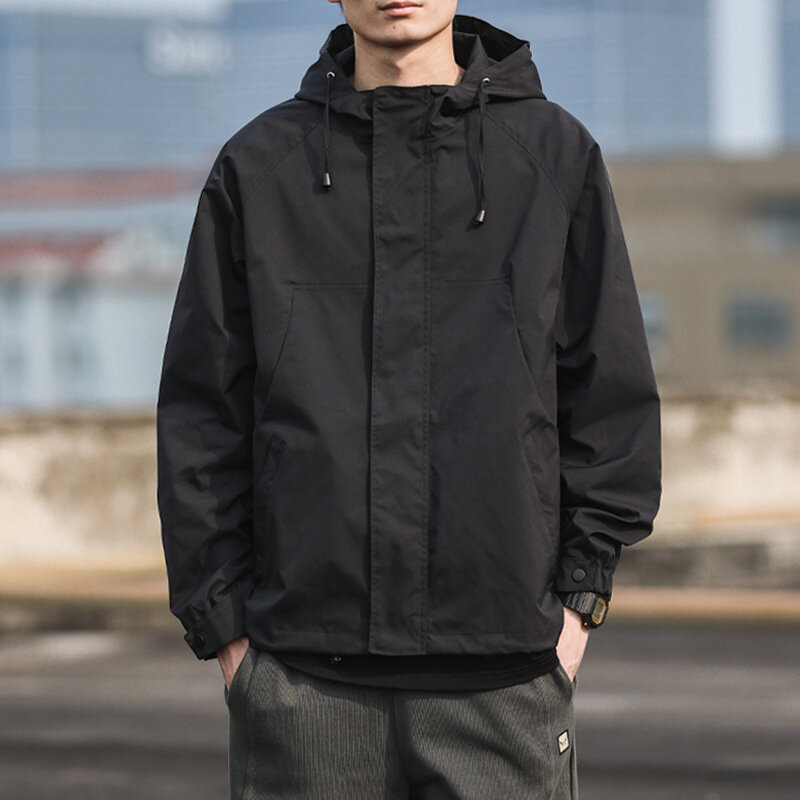 Na zewnątrz jednolity kolor z kapturem kurtka koreańska męskie Harajuku luźny, wiatroszczelny cienkie sport płaszcz męski na co dzień moda kurtki Cargo wiosnę