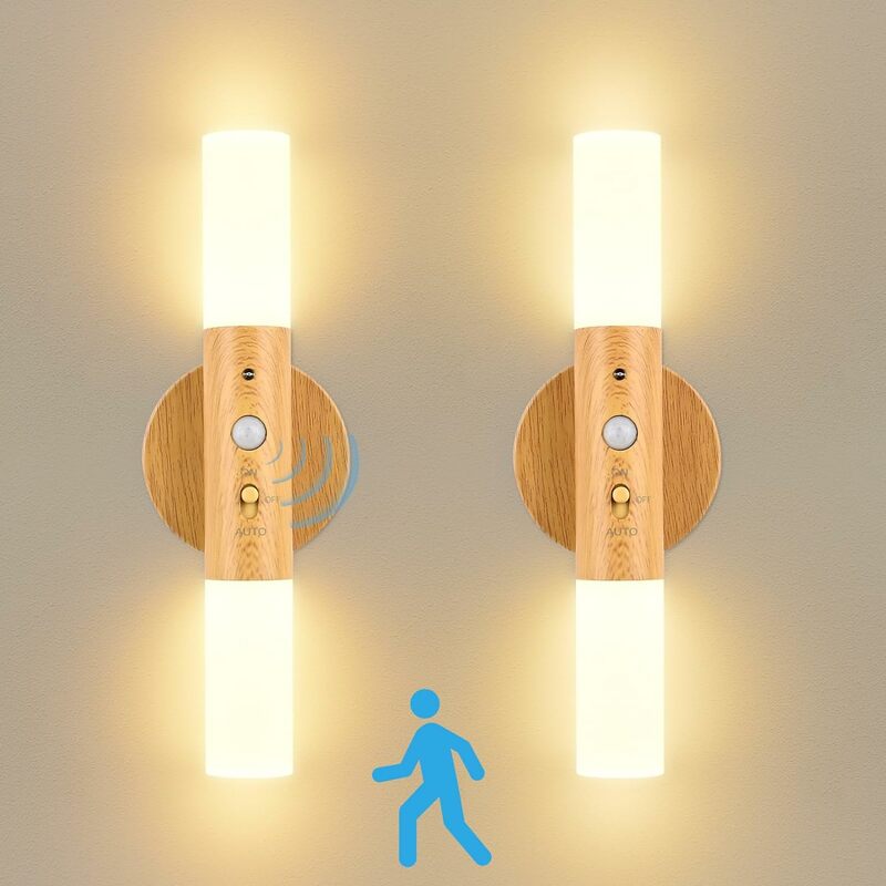 2 Packs Motion Sensor Induction Night Light Indoor, USB Rechargeable Wooden 700mah LED Wall Lamp for Bedroom Hallway Staircase