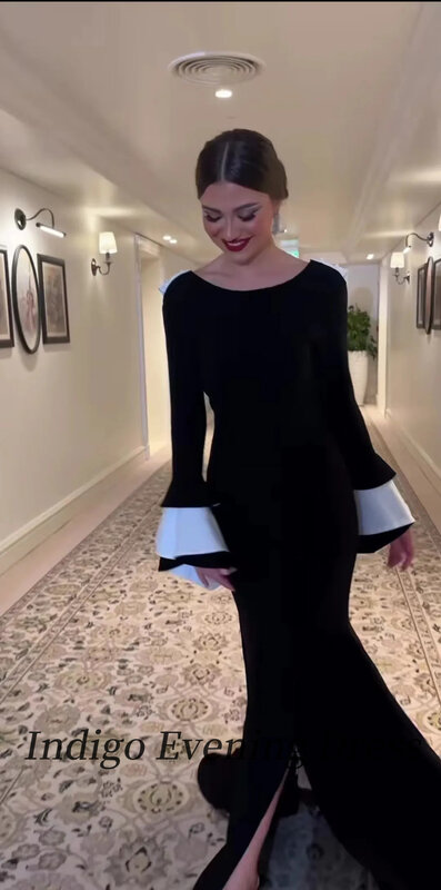Indaco New Fashion Satin Prom Dresses Backless Pearls fessura Flare Sleeves Women Elegant Party Dress 2023 vestidos de gala mujer