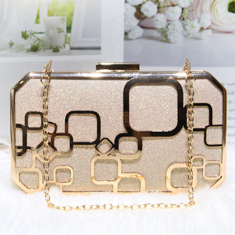 Exquisite Bling Sequins Metal Hollow out Women Evening Handbag Boxes Prom Wedding Party Clutch Purse Shoulder Chain Square Bags