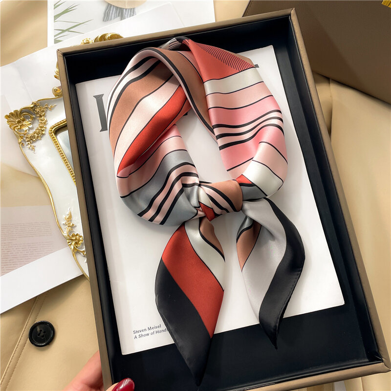Silk Striped Haar Schal für Frauen Platz Satin Halstuch Mode Design Schal Wraps Bandana Weibliche Hand Handgelenk Foulard Hijab