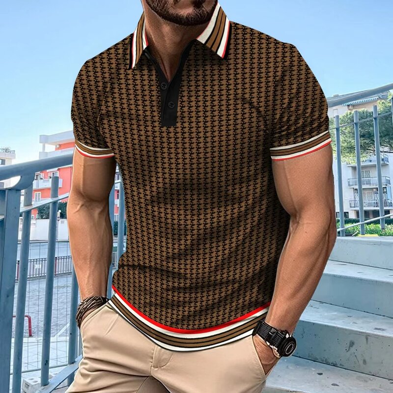 เสื้อโปโลผู้ชายสำหรับฤดูร้อน, เสื้อโปโลแขนสั้นพิมพ์ลายเสื้อกอล์ฟผ้าโพลีเอสเตอร์แบบลำลอง