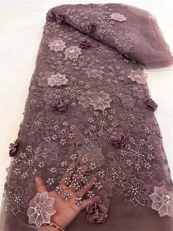 African Nigerian 3D Sequins French Tulle Lace Fabric, High Quality Beaded Lace, Luxury, Wedding Party Dress,Fuchsia,2024