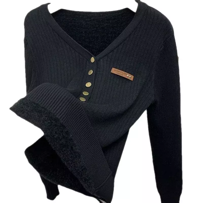 女性のカジュアルなVネックベルベットセーター、ベーシックなソリッドニットのプルオーバー、暖かいセーター、ボタンの装飾デザイン、厚く、暖かい、プラス、冬