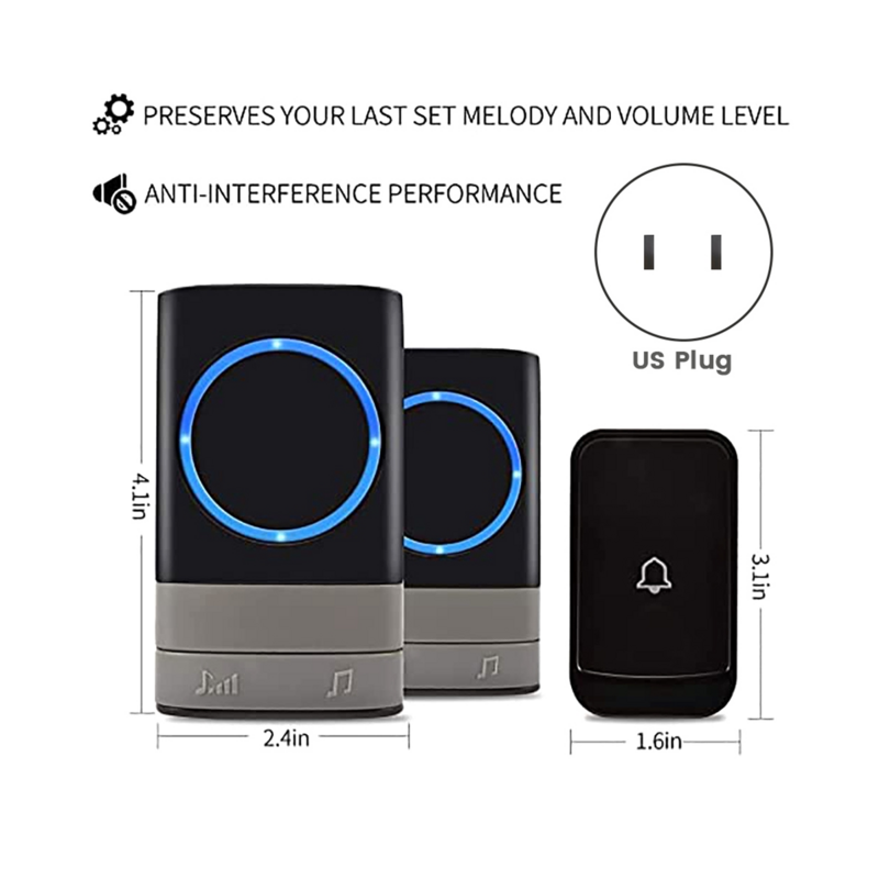 Wireless Doorbell Waterproof Doorbell Kit 200 Meter Range with 45 Melodies, 4 Volume Level 2 Receiver for Office US Plug