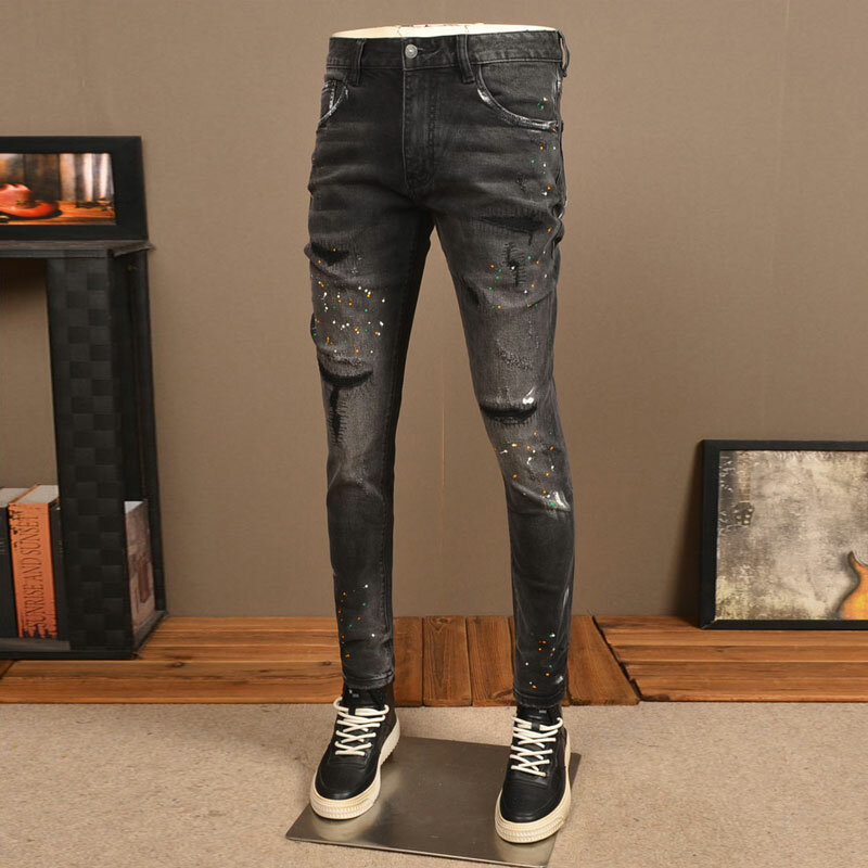 Jeans jeans rasgado retrô slim fit masculino, moda de rua alta, calças elásticas, designer pintado, hip hop, vintage, preto, cinza