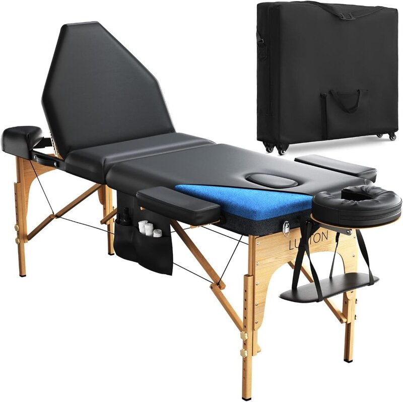 Mesa de massagem Premium Memory Foam, Casa de luxo, 3 seções, Estojo de rolamento, Configuração fácil, Preto