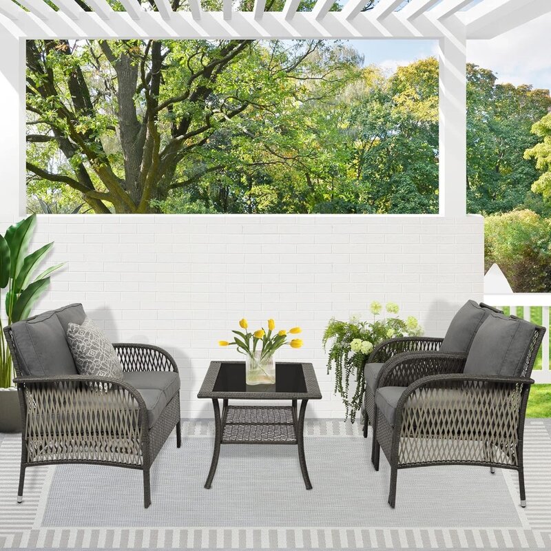 All Weather Contemporary Grey Rattan Chair Sofa Conversation Sets 4 Pieces Patio Bistro Set With Coffee Table and Thick Cushions