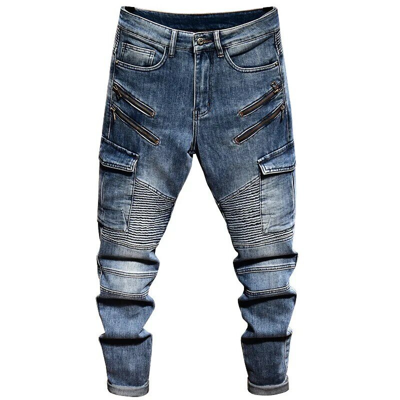 Celana jeans slim fit pria, dengan dekorasi ritsleting tabung lurus beberapa kantong elastis sepeda motor celana denim kasual