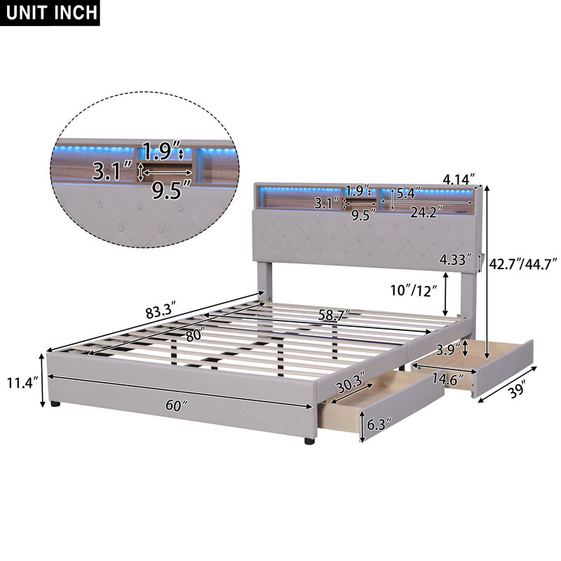Tempat tidur Platform berlapis kain Ukuran Queen dengan Headboard penyimpanan, LED, pengisian daya USB dan 2 Laci, krem