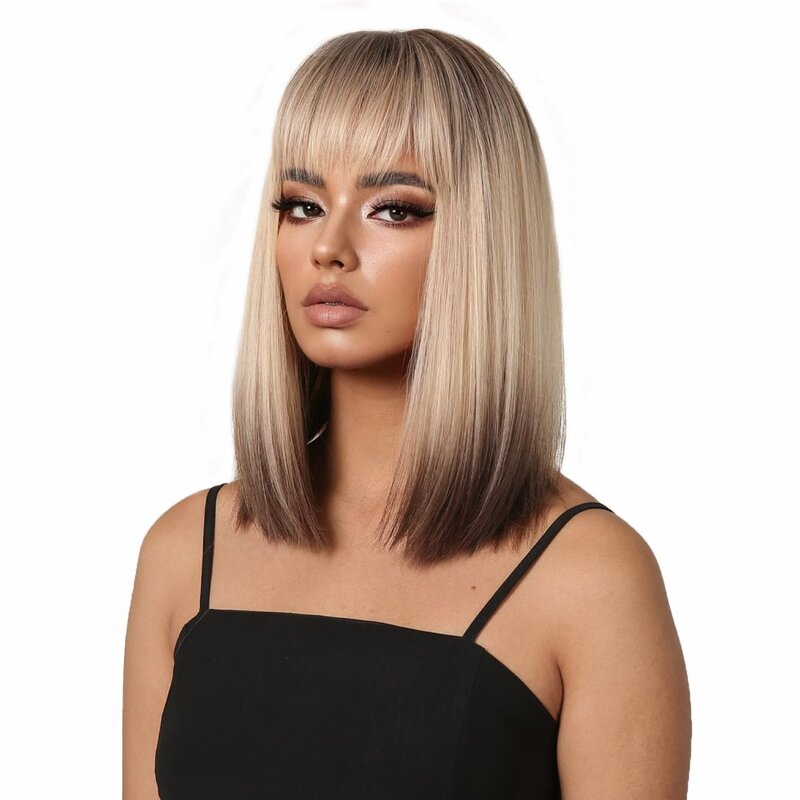 SNQP Straight Synthetic Bob Wig for Women Brown Blonde Ombre Wig with Bangs for Daily Cosplay Party Use Heat Resistant Fiber