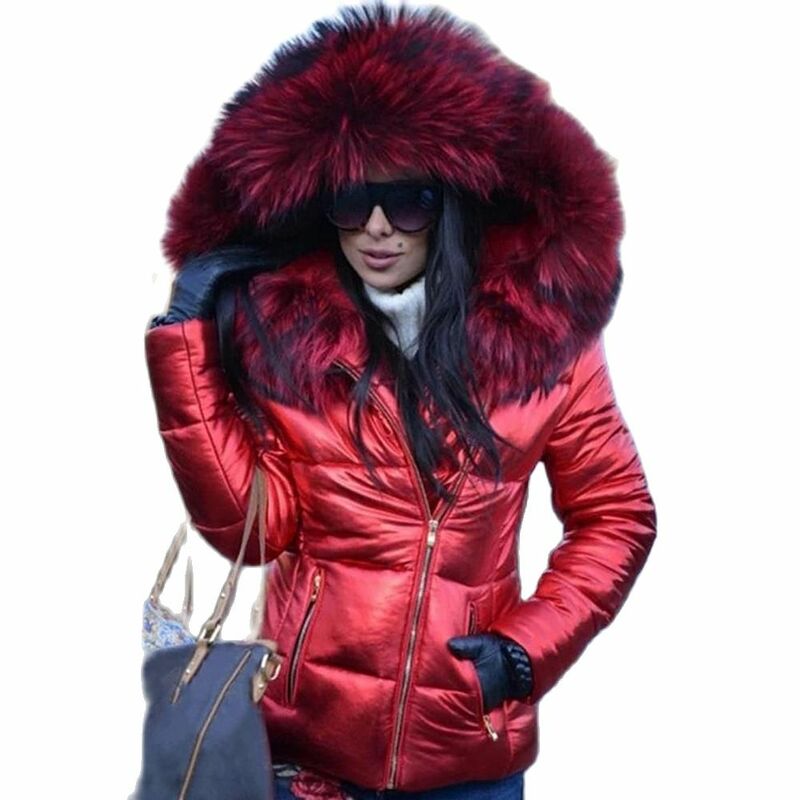 Giacca da donna cappotto caldo con cerniera autunno cappuccio in pelliccia sintetica giù Parka da esterno chaquetas para mujeres