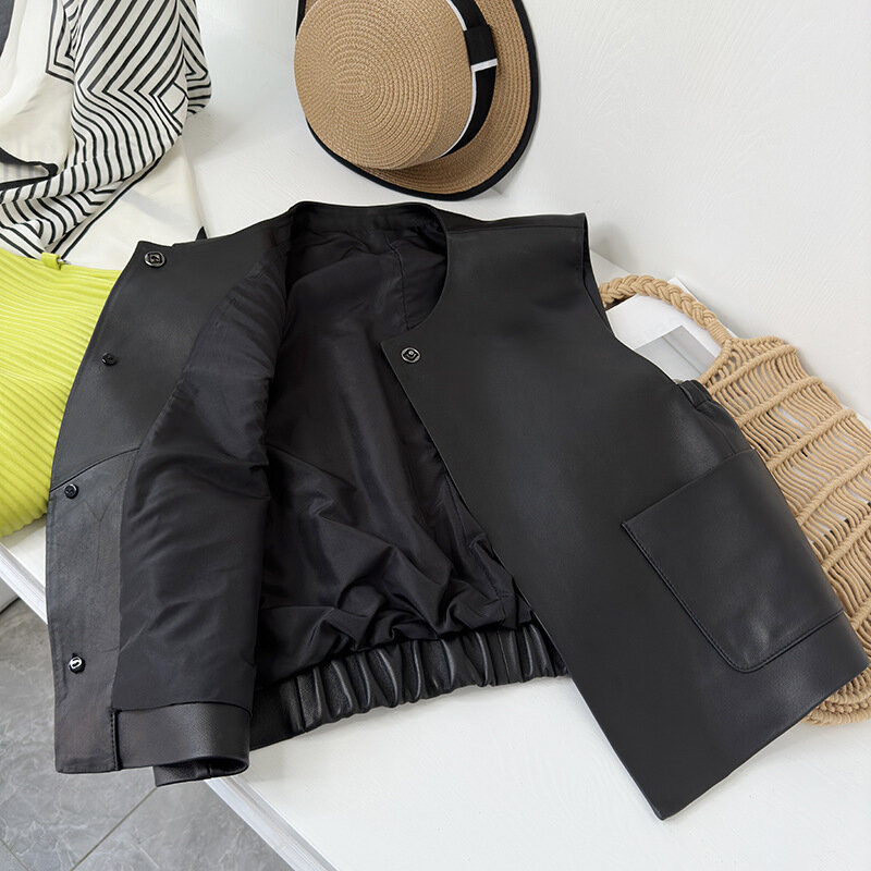 2023 Autumn Winter Korean Style Women's High Quality Sheepskin Genuine Leather Pockets Vests Waistcoat F041