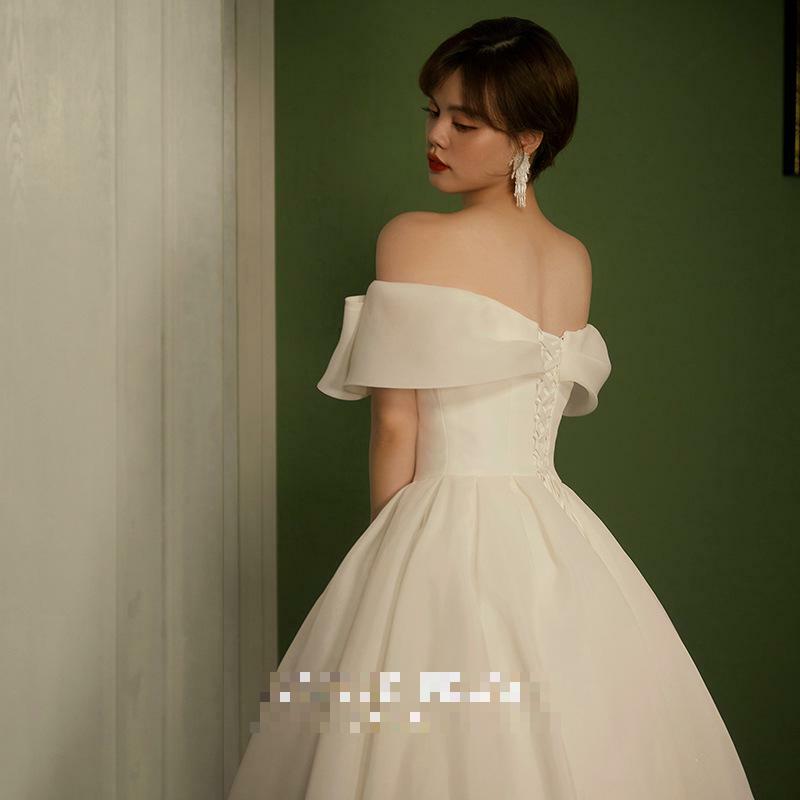 Nowa elegancka 2024 suknia weselna słodka z ramienia kobiety suknia dla panny młodej z kokardą prosta sznurowana suknia ślubna
