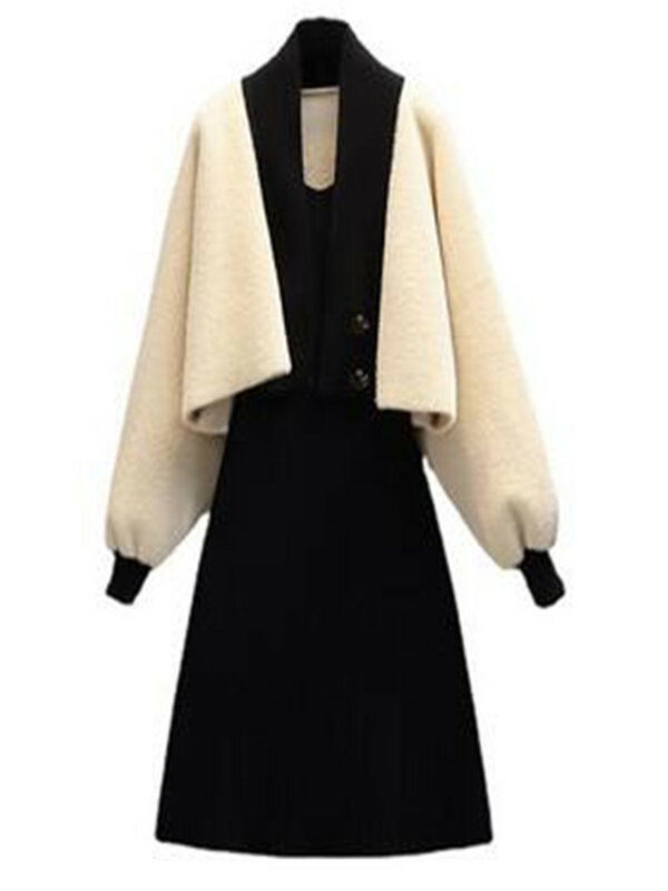 Grande primavera e outono terno das mulheres 2023 nova moda coreana camisola de malha com cintura fina e vestido preto conjunto de duas peças