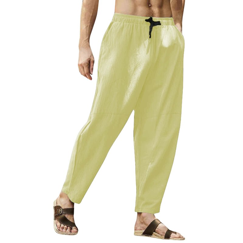 Pantalones bombachos de lino y algodón para hombre, ropa de calle con cintura elástica, holgada, informal, novedad