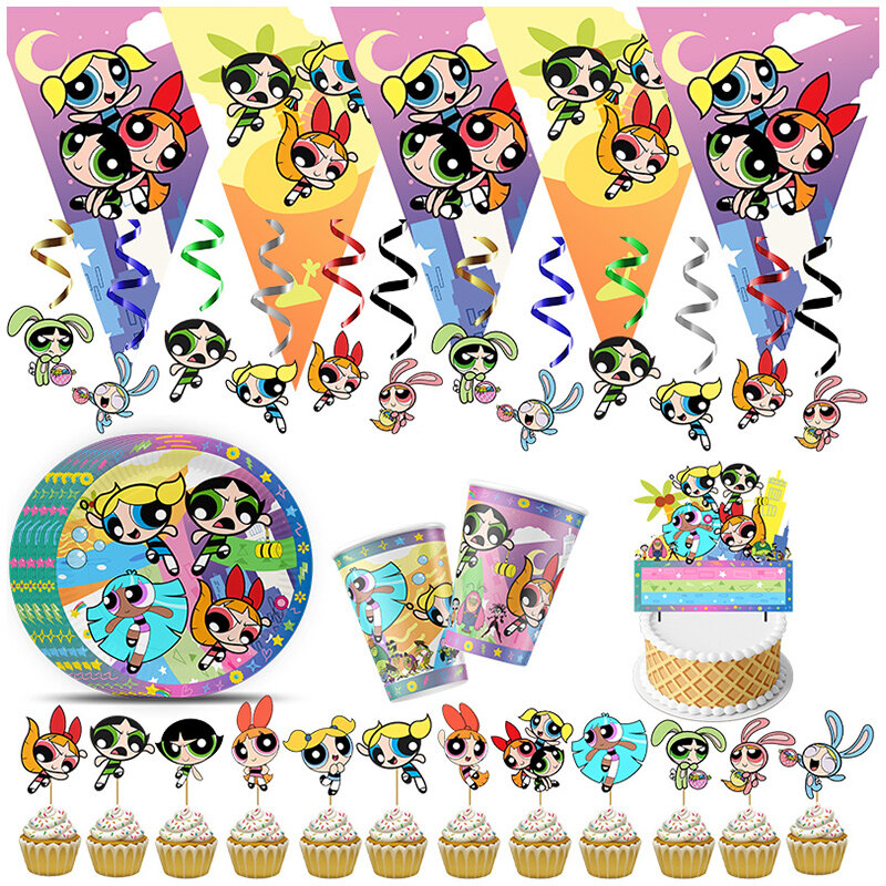The Powerpuff Girls Cartoon Birthday Party banner Decorations Powerpuff  Blossom Theme Baby Shower Kids Birthday Party Supplies