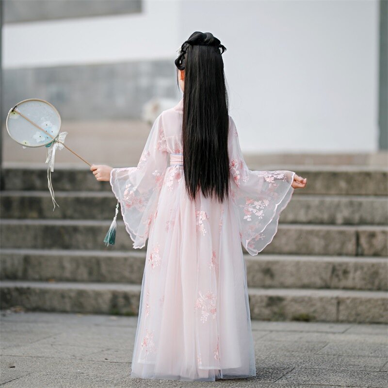 Traje antigo de hanfu para crianças, vestido tradicional chinês, princesa fada, bordado de cerejeira, antigo, primavera, outono, primavera