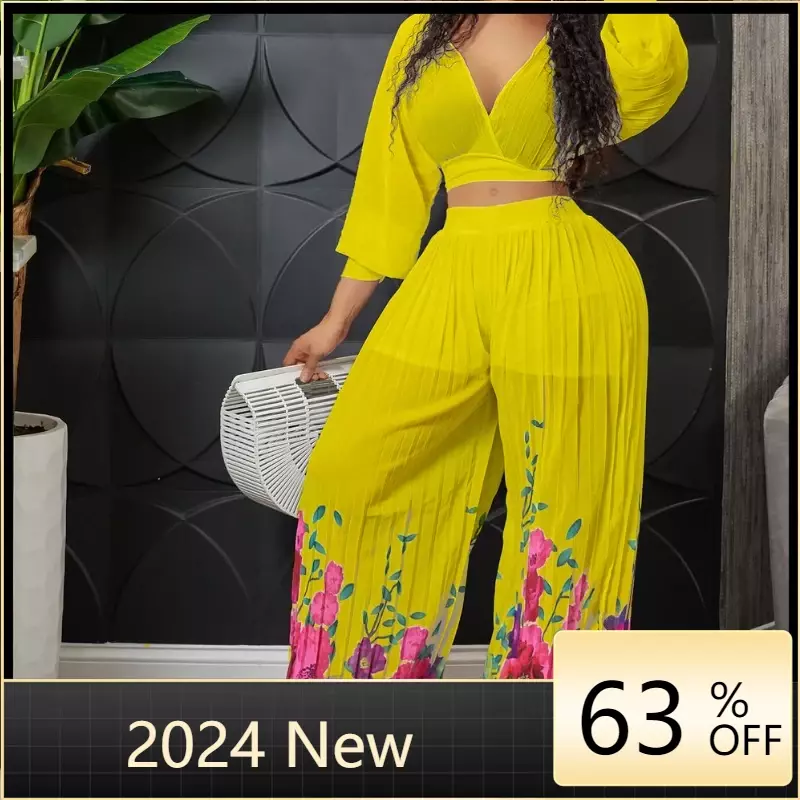Women Print Pleated Wide Leg Pants 2 Piece Sets Solid V-neck Long Sleeves Crop Tops Suits Summer female Floral Vacation Outfits