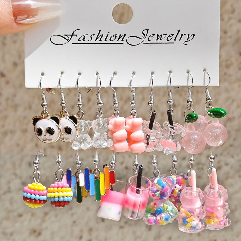 10 Pair Set Small Fresh Colored Resin Animal Pendant Earrings Art Sweet and Cute Flower Butterfly Milk Tea Earrings Female