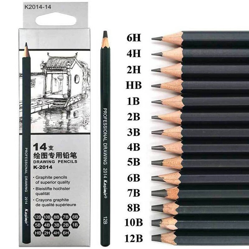 14PCS Professional Wooden Pencil Graphite Drawing Sketching Pencil Office School Pencil 12B 10B 8B 7B 6B 5B 4B 3B 2B HB 2H 4H 6H