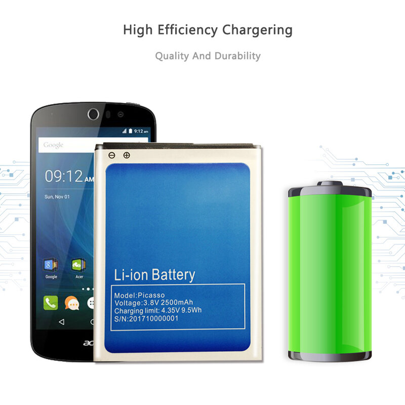 Bluo Pickassoスマートフォン用充電式バッテリー、リチウムイオンバッテリー、無料ツール、2500mah