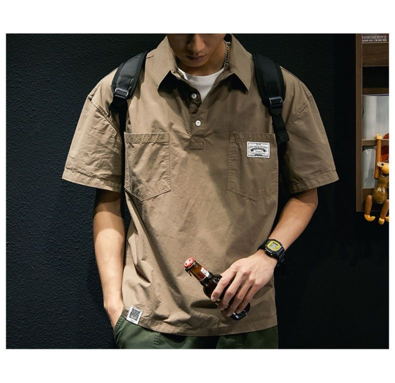 Camiseta informal de manga corta para hombre, Cuello de camisa con bolsillo, ropa holgada de talla grande, estilo coreano americano, Verano