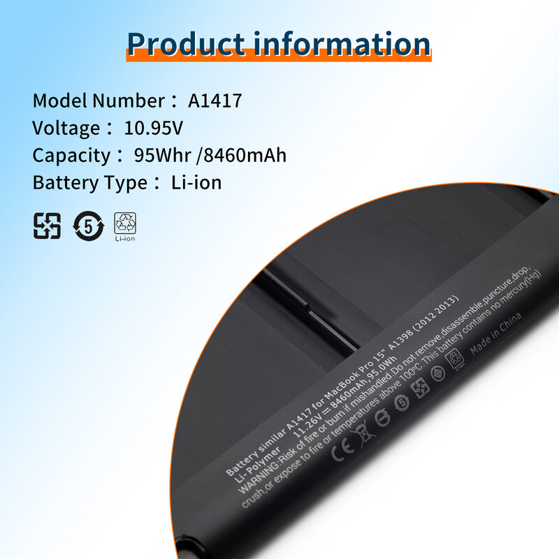 Аккумулятор BVBH A1417 для ноутбука Apple A1398 (версия 2012 Ранняя-2013) для MacBook Retina Pro 15 дюймов подходит для ME665LL/A ME664LL/A