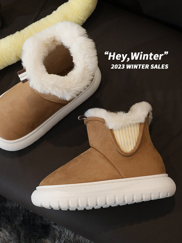Sepatu bot katun untuk wanita, sandal rumah dalam ruangan sol tebal hangat pasangan mewah musim dingin