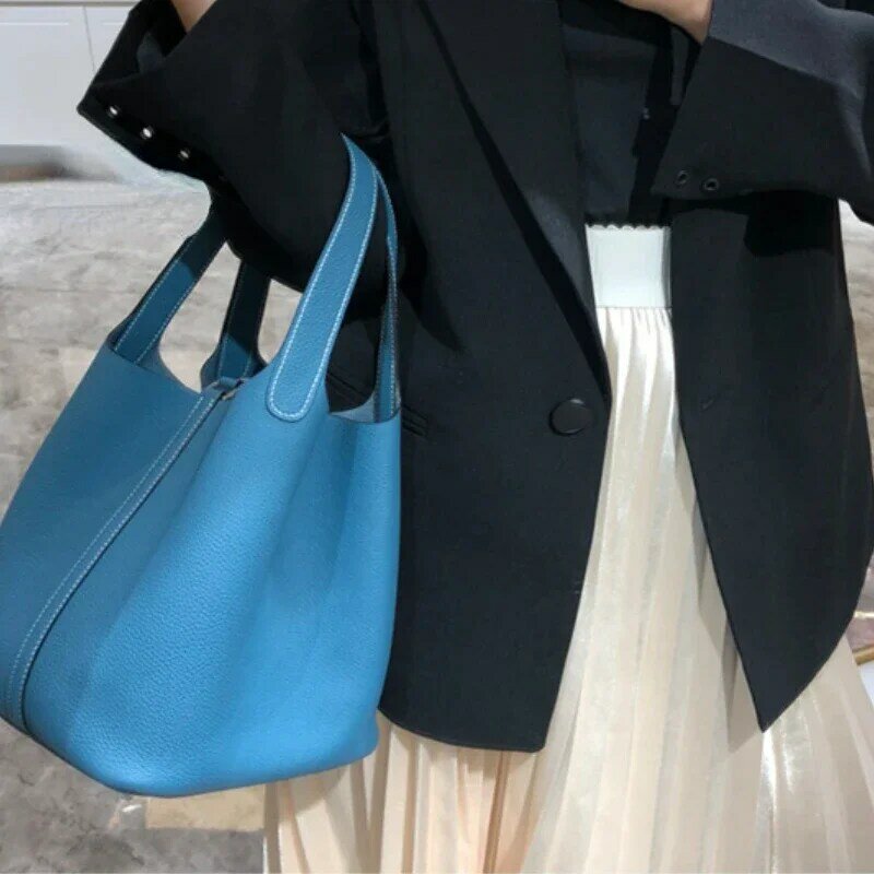 Bolsa de couro genuíno, bolsa de balde de luxo para senhora do escritório, couro de vaca de cor contrastante, bolsas elegantes, novas, 2022