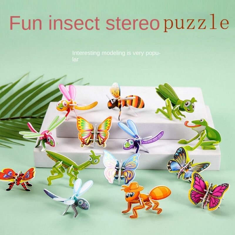 10 buah teka-teki Jigsaw kertas serangga kognisi lucu serangga kartun kertas serangga Mode buatan tangan 3D kertas kartu 3D Puzzle pesta