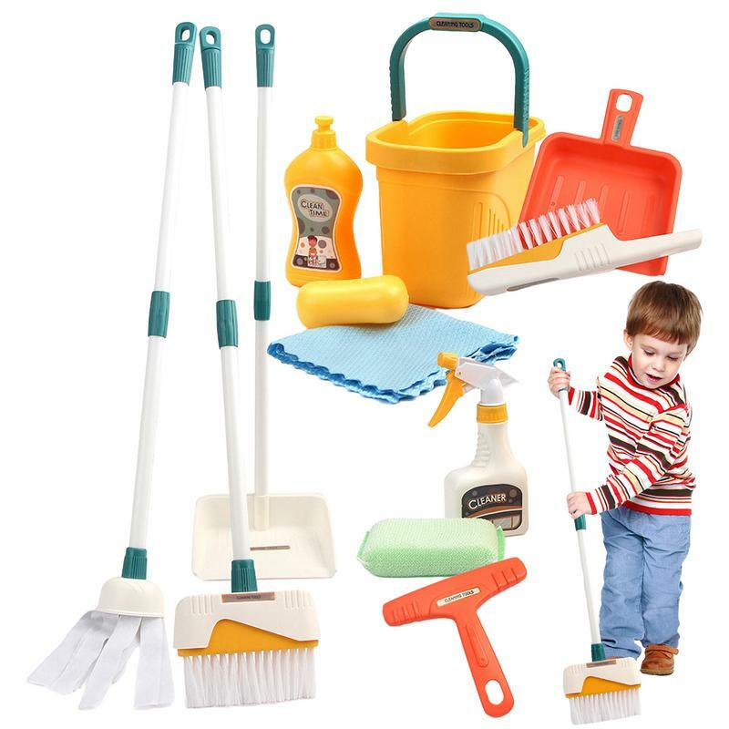 Kids Cleaning Toy Set 12pcs Pretend Play Housekeeping Set Kids Chore Kit with Broom Dustpan Mop Brush Spray Bottle Scraper