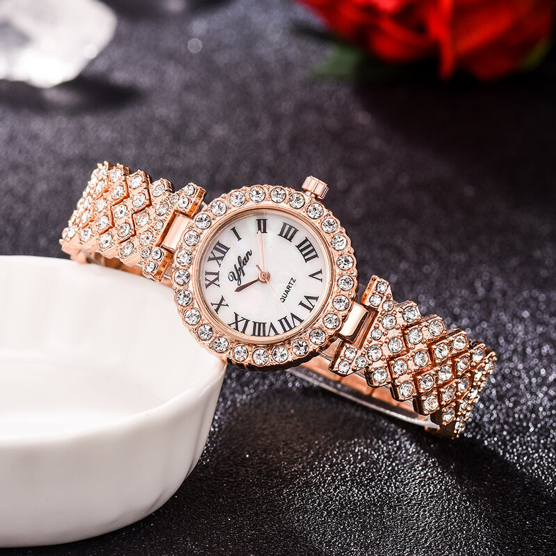 힙합 여성 로즈 골드 시계 패션 숙녀 석영 다이아몬드 손목 시계 우아한 여성 팔찌 시계 2pcs 세트 Reloj Mujer 2022